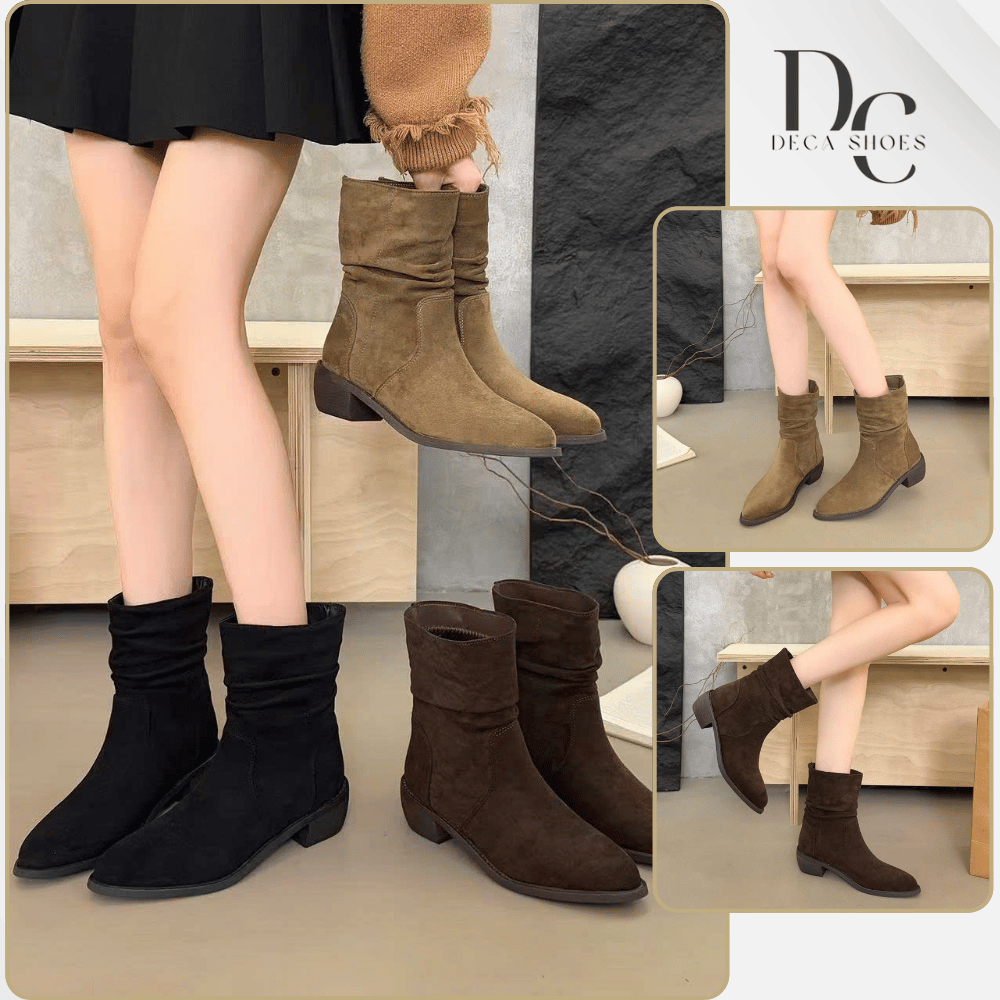 Boot da lộn cổ ngắn retro đế thấp phong cách vintage, bốt mũi nhọn nữ thu đông 2026_Deca shoes