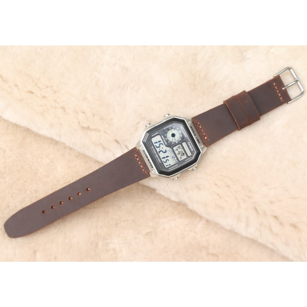 Dây đồng hồ da Casio AE1200 nâu sậm