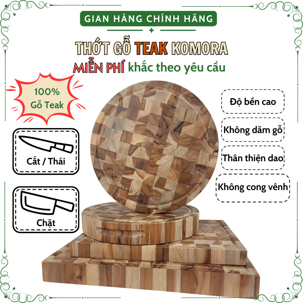 [Miễn Phí Khắc Theo Yêu Cầu] Thớt Gỗ Teak KOMORA, Quà Tặng Ý Nghĩa, Không Dăm Gỗ, Bền Chắc, Độ Bền C