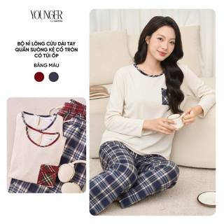  Đồ bộ nỉ nữ YOUNGER BY CARDINA chất liệu nỉ lông cừu áo dài tay cổ tròn và quần suông kẻ 5YBTD01 