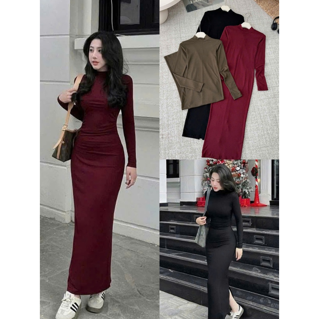 (Hàng Mới): Váy Body Dài Tay Xỏ Ngón Cổ 3 Phân Cực Sang Chảnh Chất Co Dãn Bốn Chiều 3 Màu Dễ Mặc Mix