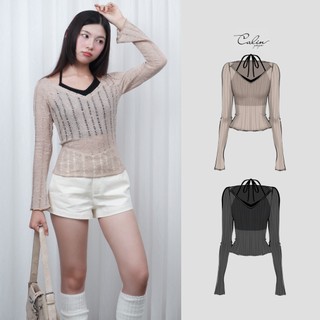  Chic V Layer Top - Áo Thun vải Rách Style Y2K Fairycore Cổ V Rộng Tay Dài Thoáng Mát Phối Áo Yếm Dễ Thương 