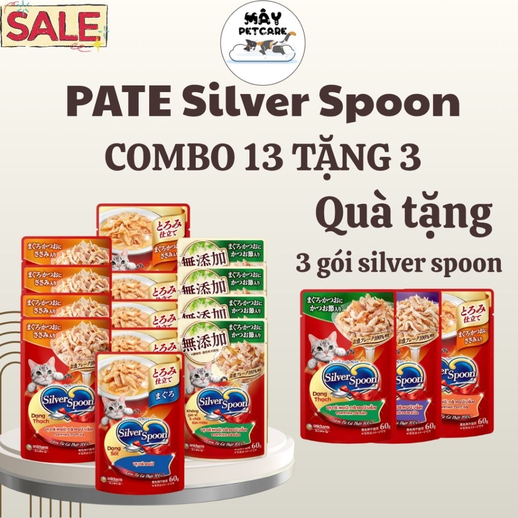 [Combo 13 tặng 3] Pate Silver Spoon Thức ăn ướt cho mèo Silver Spoon đủ vị 60g/gói