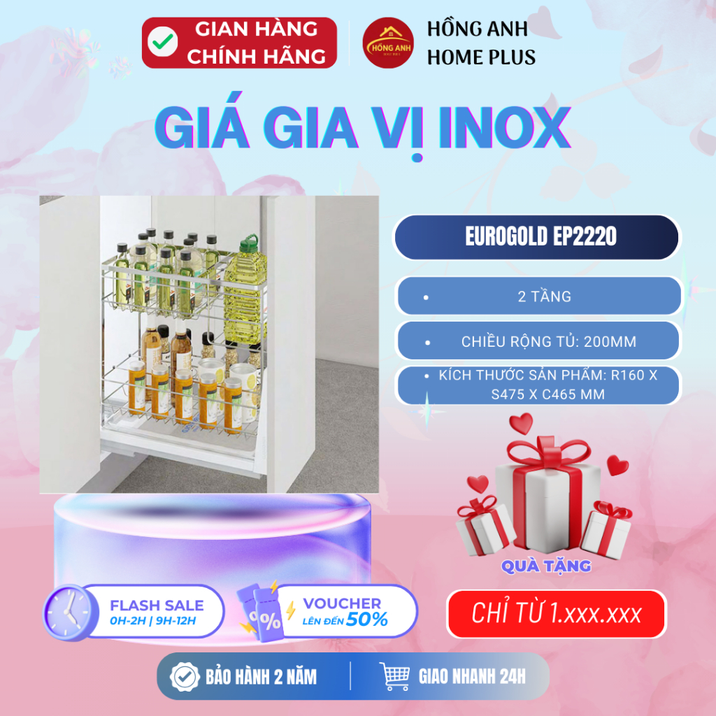 Giá gia vị inox 304 nan dẹt Eurogold EP2220 2 tầng 200mm, tủ bếp dưới ray âm giảm chấn chống rung