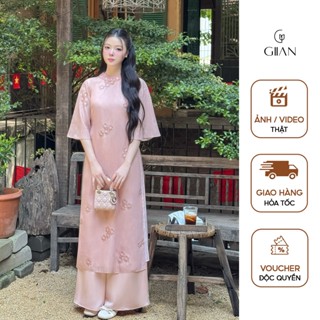  Áo dài nữ cách tân 4 tà Giian thiết kế cổ tròn đính hoa phối tay lỡ họa tiết thêu cao cấp vải tơ mềm AD0003 