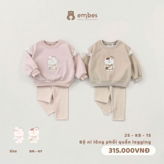   New Collection  Bộ Nỉ Bé Gái Embes Set Bộ Áo Nỉ In Hình Phối Quần Legging Kẻ Cho Bé Gái Từ 8-18Kg 