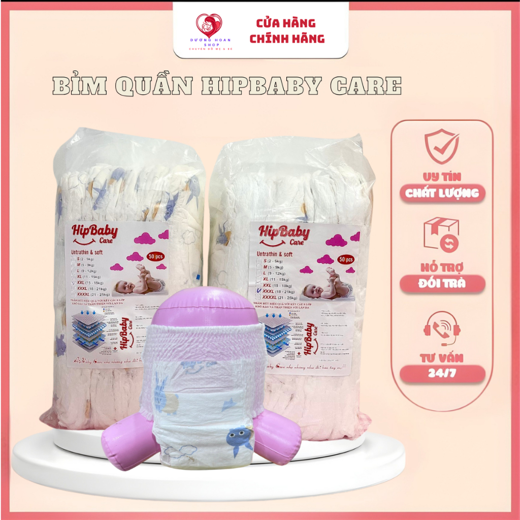 Bỉm Quần HIPBABY Care form suông mỏng nhẹ đủ size cho bé từ M đến 3XL, thấm hút 500 đến 600ml