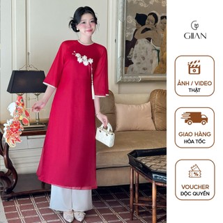  Áo dài đỏ cách tân nữ dáng suông Giian 4 tà thiết kế cổ tròn họa thiếu hoa thêu thủ công cao cấp vải tơ mềm mại AD0014 