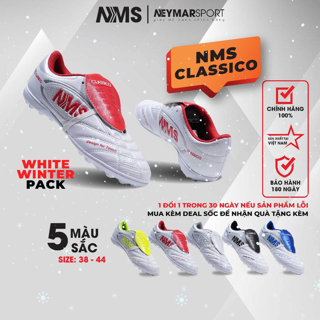 Giày đá bóng NMS CLASSICO TF "White Winter" lưỡi gà gập cổ điển, lớp đệm EVA êm ái [MUA KÈM DEAL SỐC