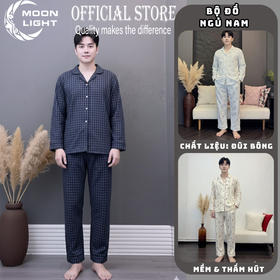  Bộ đồ ngủ dài tay Đồ ngủ nam Bộ Pijama vải Đũi họa tiết đơn giản mùa thu đông 