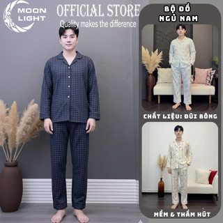  Bộ đồ ngủ dài tay Đồ ngủ nam Bộ Pijama vải Đũi họa tiết đơn giản mùa thu đông 