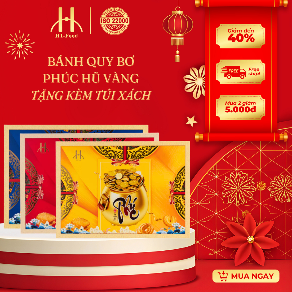 Bánh Quy Bơ Chữ Phúc Hũ Vàng Sang Trọng Hộp Quà Bánh Kẹo Tết Làm Quà Tặng Doanh Nghiệp, Công Ty