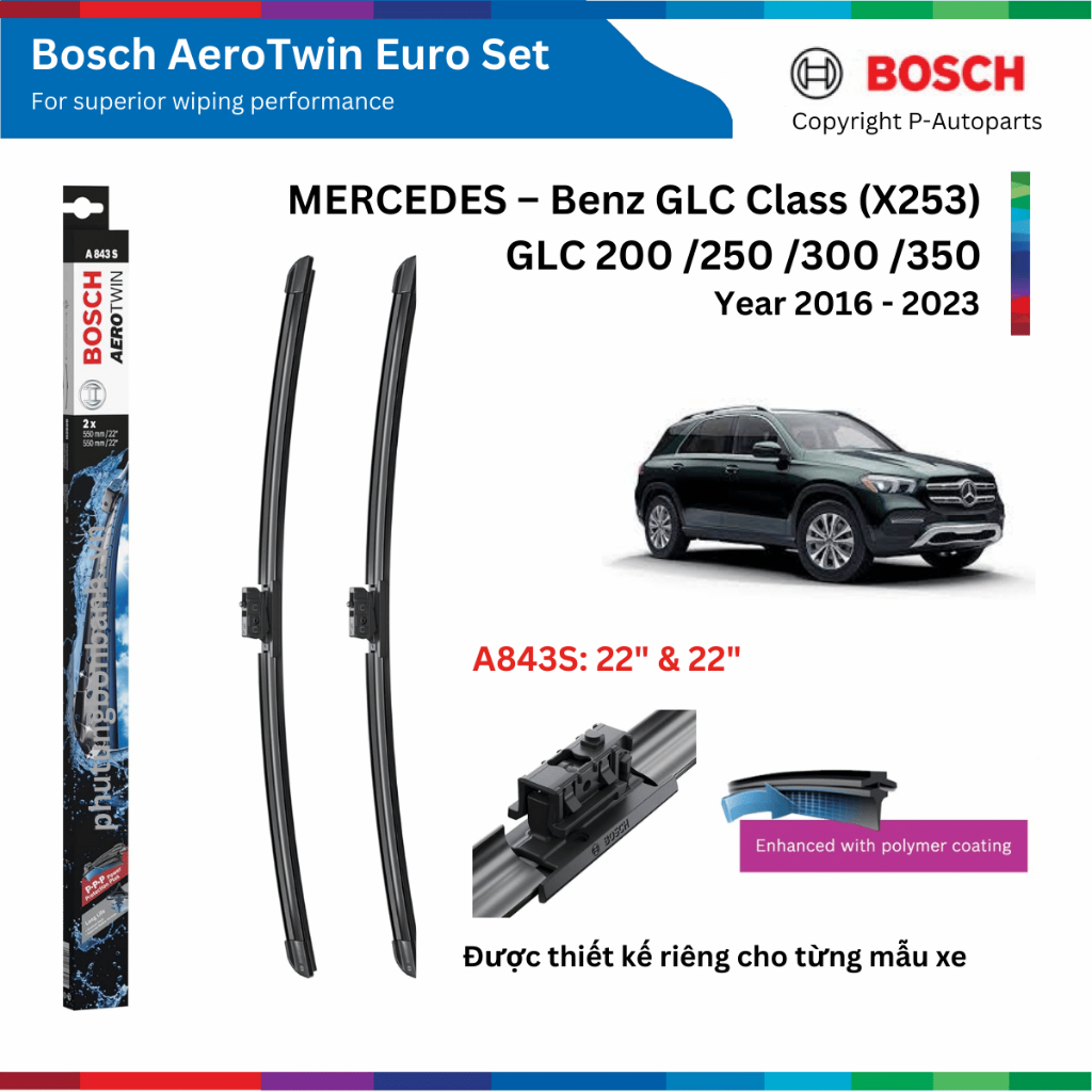 Bộ gạt mưa BOSCH AeroTwin Euro Set 22" & 22" MERCEDES Benz GLC Class đời 2016 đến nay