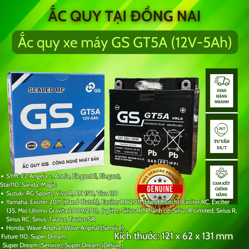 Bình acquy GS GT5A (12V-5Ah) cho xe máy Dream, Wave đời đầu, Future, Sirius xăng cơ, Jupiter, Taurus