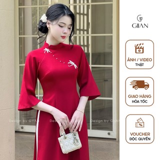  Áo dài cách tân đỏ Giian thiết kế 4 tà xếp tầng cách điệu cổ lệch đính họa tiết hồ điệp phối tay lỡ vải trượt hàn AD1433 