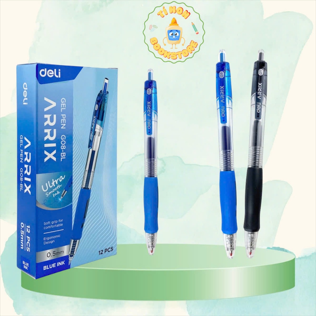 COMBO 10 Bút Gel bấm DELI G08 Ngòi 0.5mm, mực xanh dương/đen