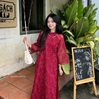 Áo dài voan tơ BỘI SAM thêu vân hoạ tiết hoa hồng kèm quần dài satin HAVANA AD113