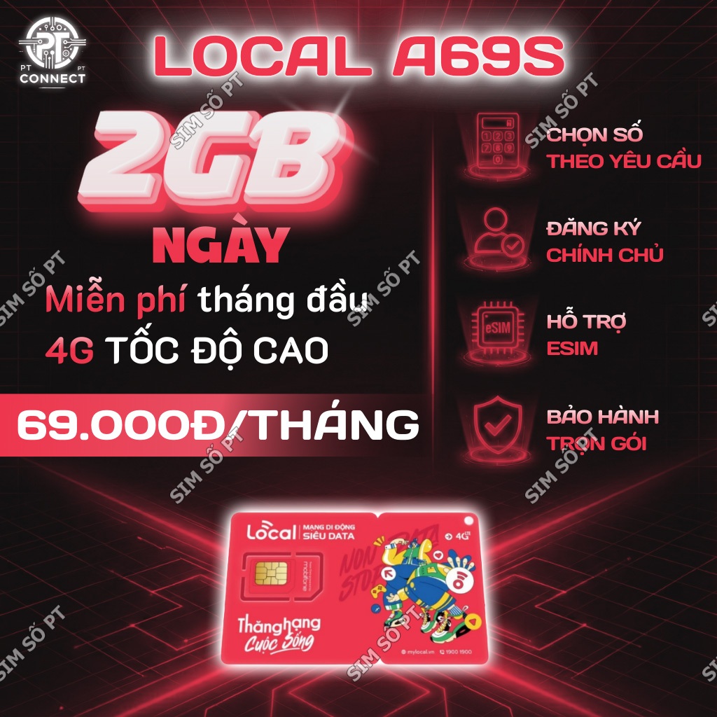Sim 4G 2GB/Ngày tốc độ cao LOCAL – A69S – Miễn phí tháng đầu – Hỗ trợ eSIM – Sóng Mobifone