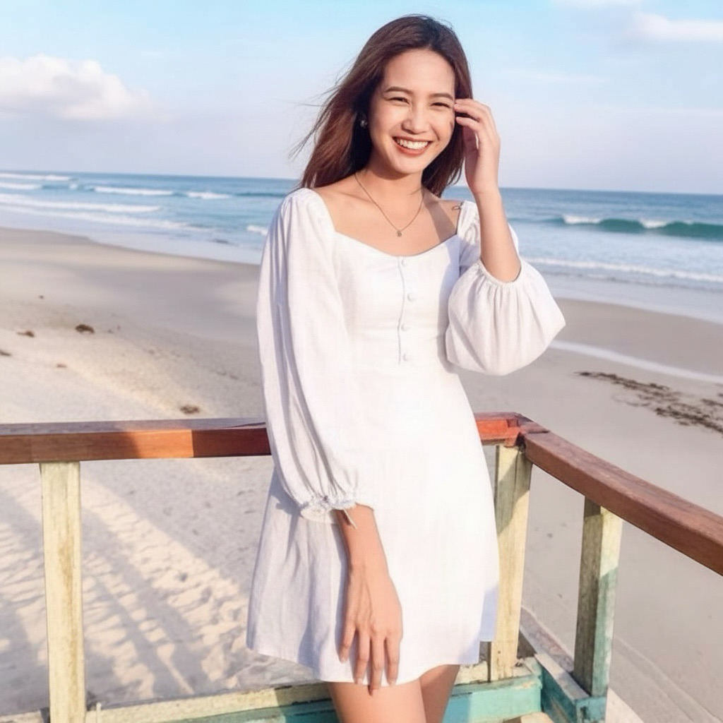 Đầm dạo phố, váy du lịch trắng tay thắt nơ (kèm hình thật)