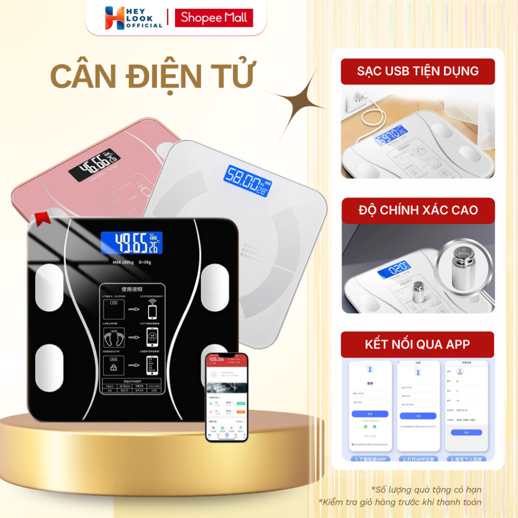 Cân Điện Tử Sạc USB Kết Nối Bluetooth Phân Tích Chỉ Số Cơ Thể Trọng Lượng Tối Đa 180kg, Màn Hình LED