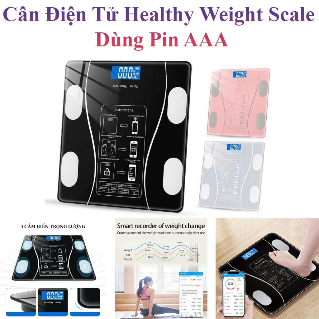 Cân Điện Tử Healthy Weight Scale Đo Sức Khỏe Thông Minh Và Phân Tích Chỉ Số Dùng Pin Aaa