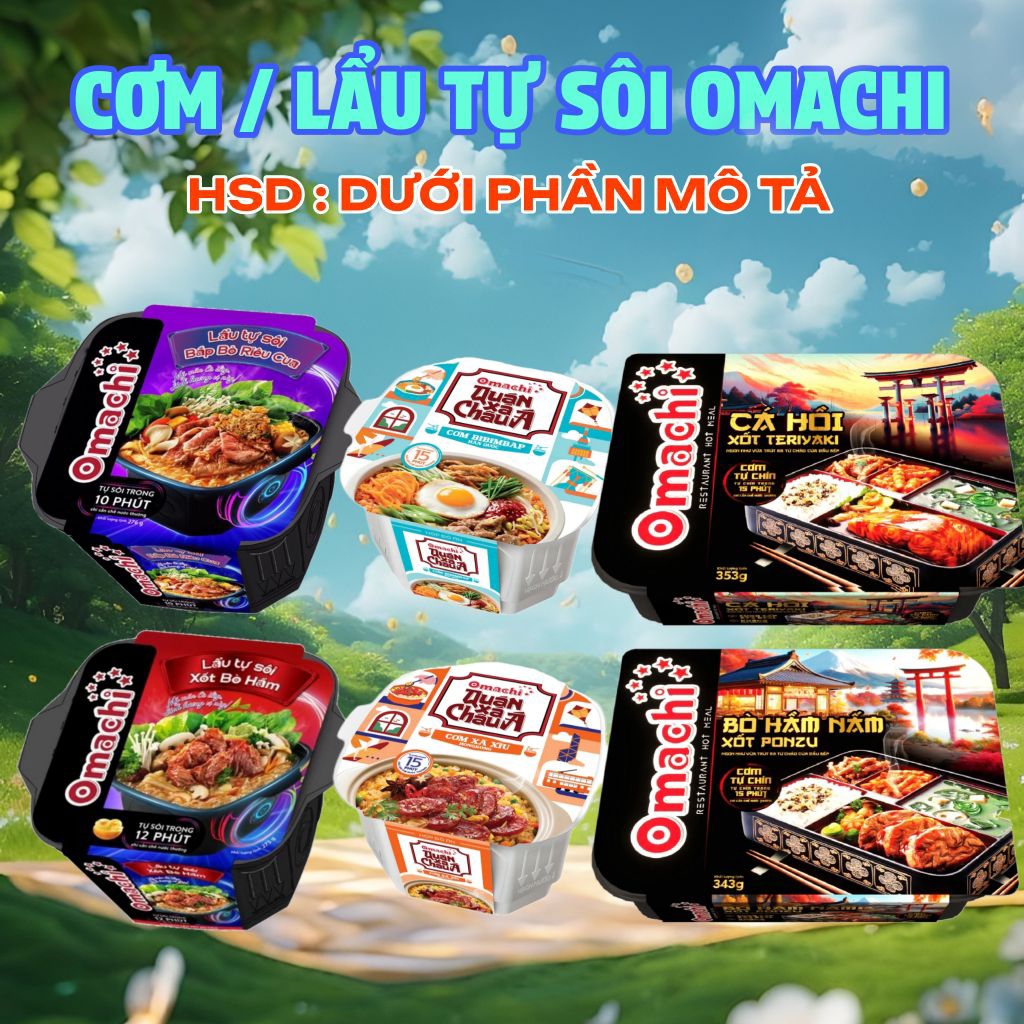 Omachi Lẩu Tự Sôi Các Loại Bắp Bò Riêu Cua,  Xốt Bò Hầm, Cơm Tự Chín Bò Hầm Ponzu, Teriyaki, Xá Xíu,