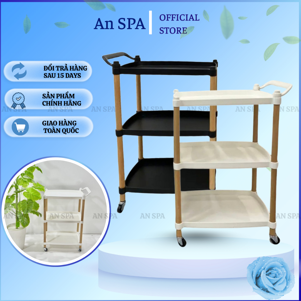 Xe đẩy Spa đa năng khung gỗ chắc chắn | Xe đẩy gỗ spa mặt nhựa ABS | Kệ spa 3 tầng ( Cao Cấp )