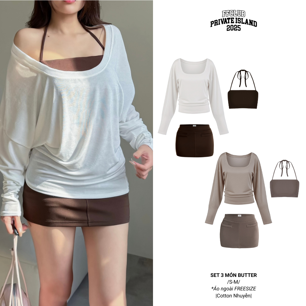Set Áo Thun Dài Tay Cổ Rộng Chữ U đi kèm Chân váy Poly FFCLUB