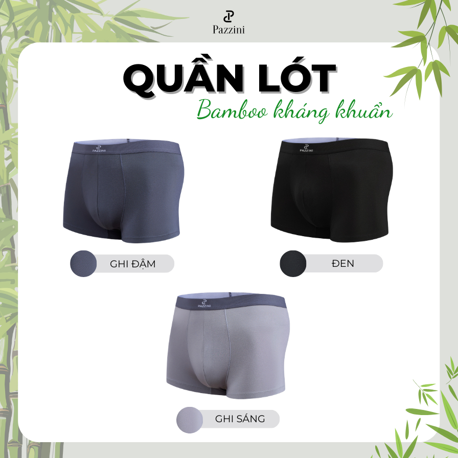 Quần lót boxer nam Bamboo kháng khuẩn Pazzini chất liệu mềm mại, co giãn thoải mái - BX008
