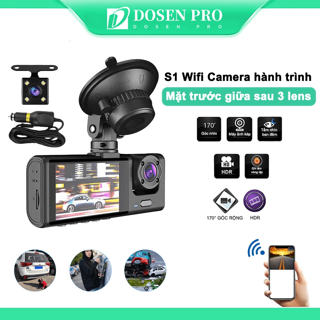 DOSEN PRO Camera hành trình V380 MAX 3 mắt ghi hình tốc độ cao full HD 1080p hồng ngoại siêu nét
