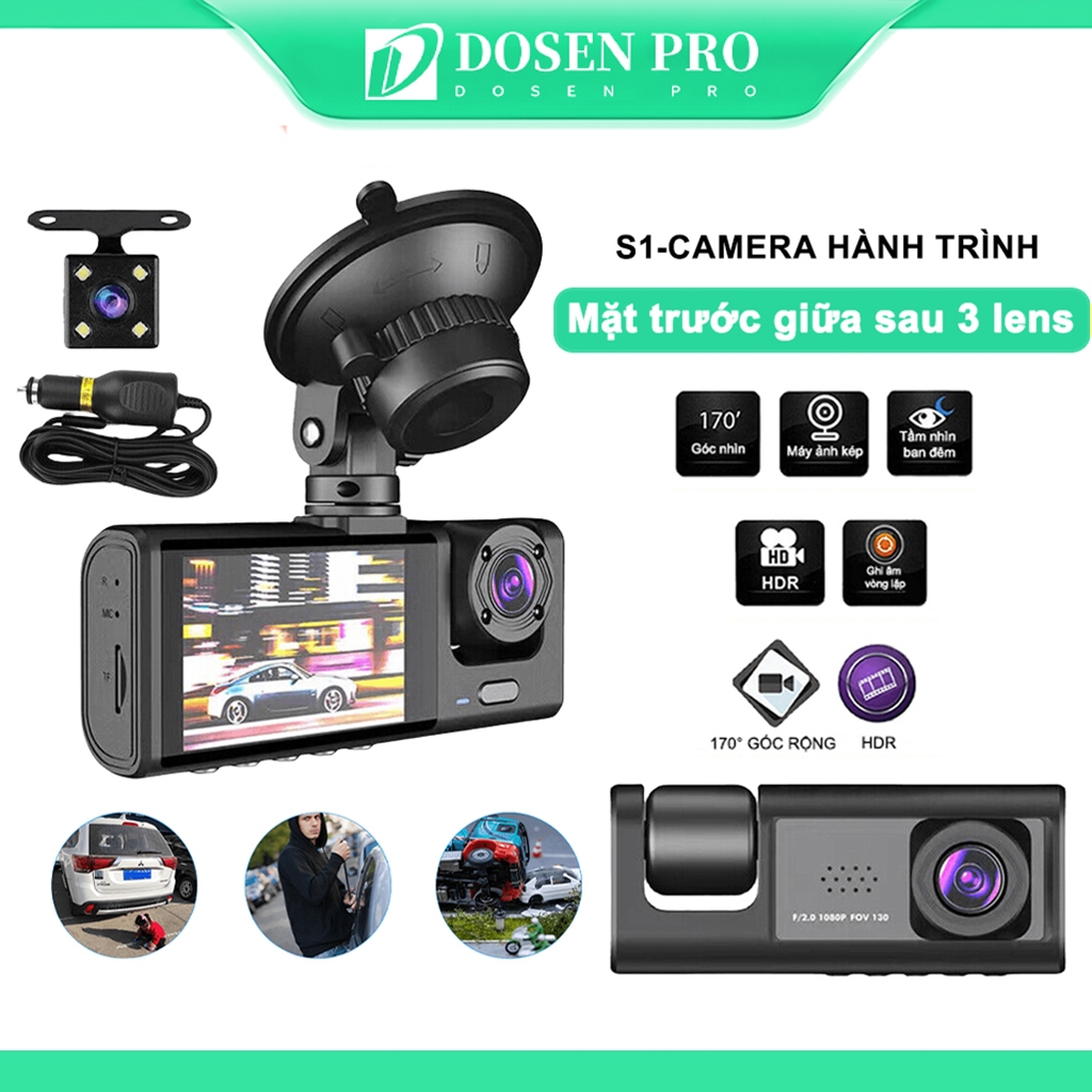 Camera hành trình ô DOSEN PRO S1 tô New Taxi hỗ trợ kết nối 3 mắt ghi hình tốc độ cao full HD 1080p hồng ngoại siêu nét
