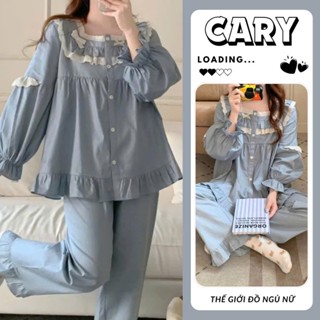  Đồ bộ ngủ nữ pyjama tay dài quần dài đồ bộ mặc nhà xinh chất đũi gân mềm mát cổ vuông phối ren tiểu thư sang chảnh CARY 