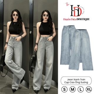  Quần Jean Nữ Ống Rộng Bigsize S-XL Xanh Trơn Cạp Cao Suông Ôm Eo Hack Dáng - HD5515 - HD Boutique 