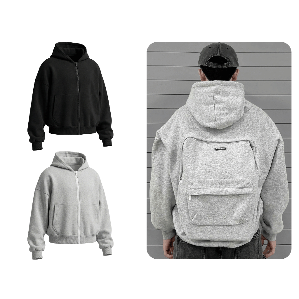 Áo Hoodie Backpack ODIN CLUB, Áo khoác hoodie balo 2 in 1, form boxy back dáng, chất liệu nỉ bông ấm