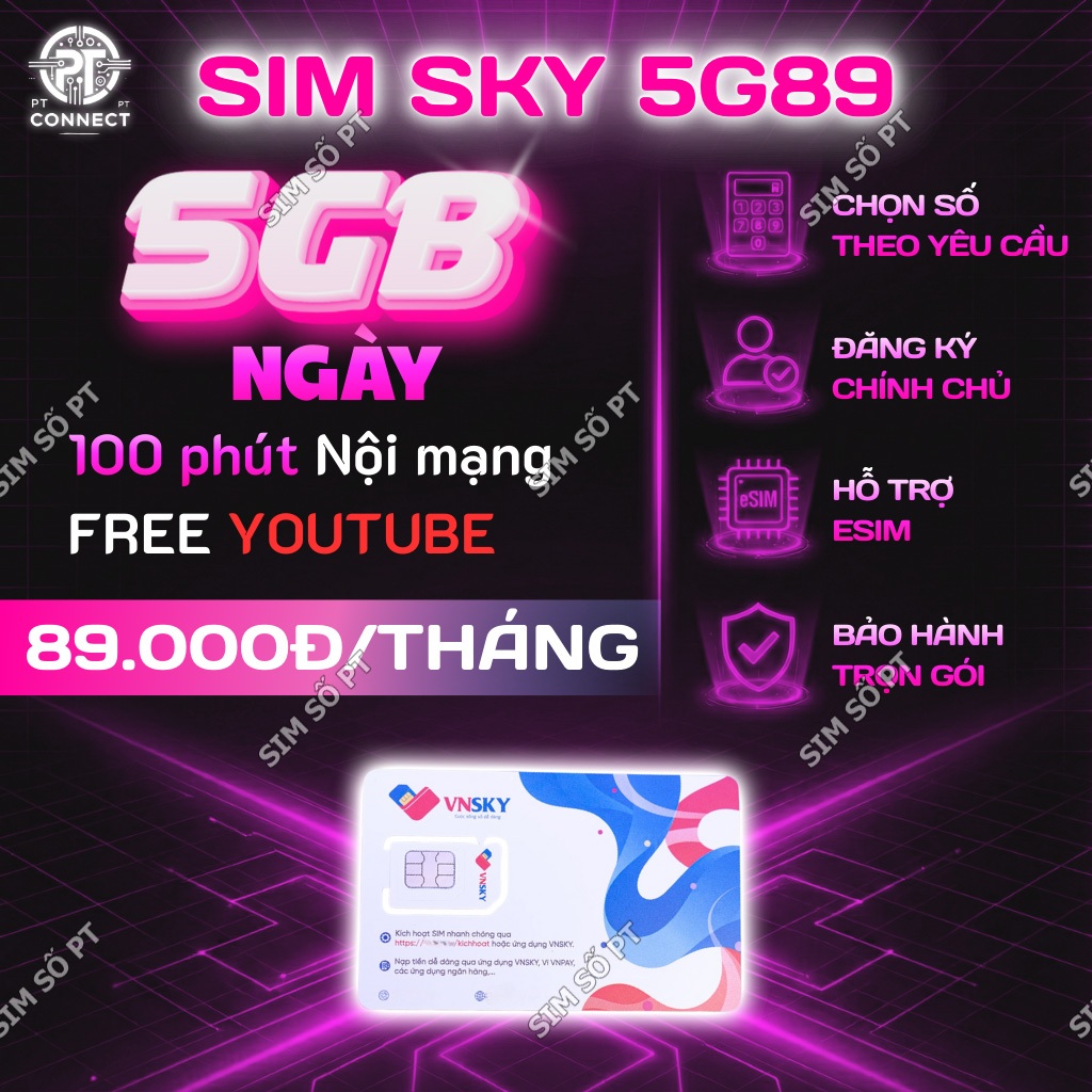 Sim VNSKY 5GB/Ngày Miễn Phí Gọi 5G89 MobiFone – 30 Ngày – Hỗ Trợ eSIM – Tốc Độ Cao – Sóng Khỏe