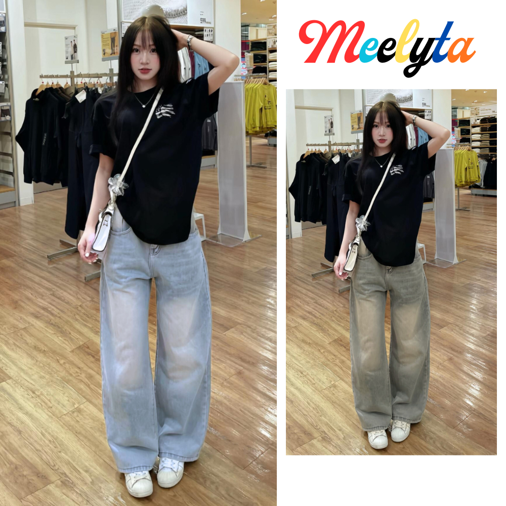 Quần Jeans Dài Wash MIAA Ống Rộng Cạp Cao Tôn Dáng Nam Nữ Unisex