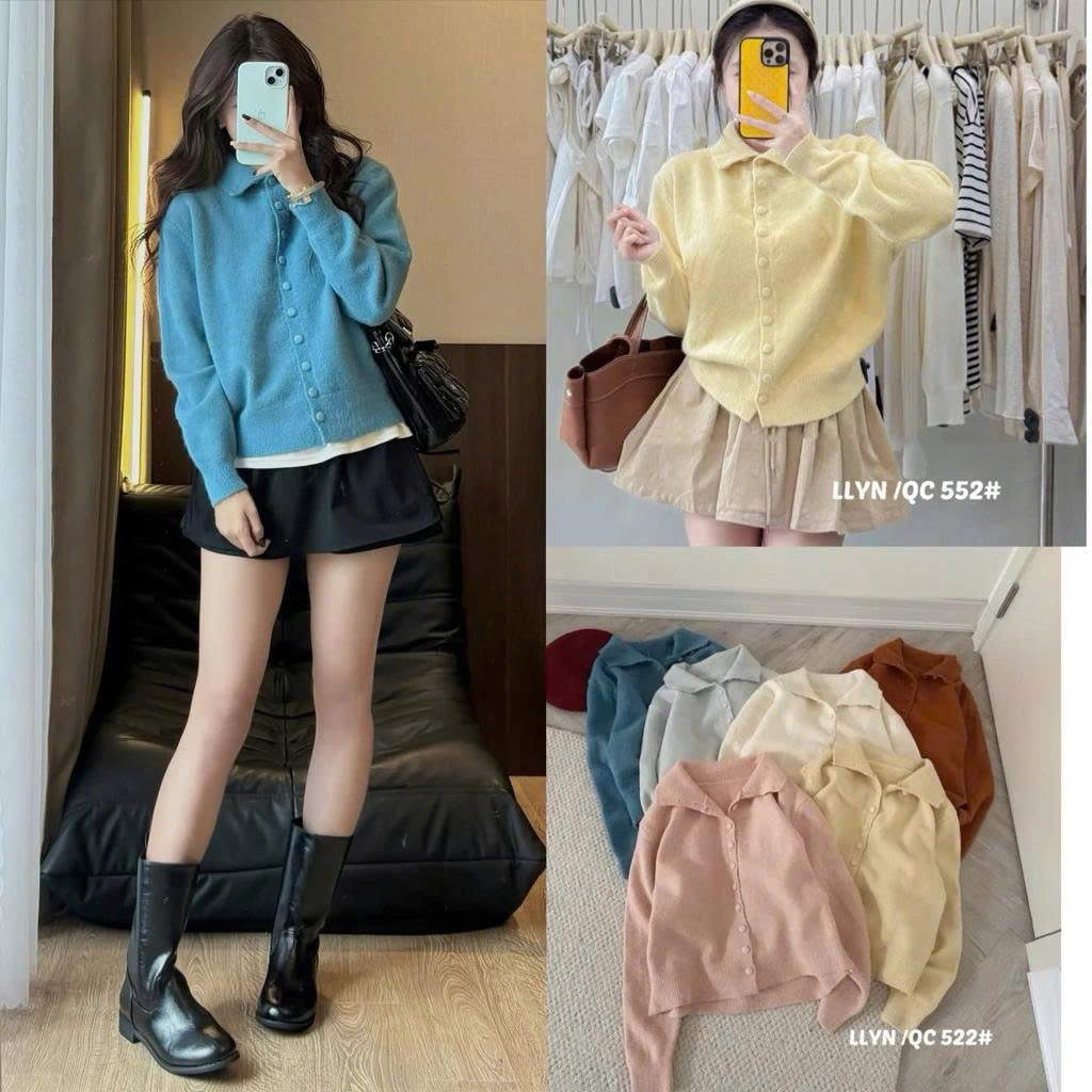 Áo Cardigan Len Trơn Cúc Bọc Cổ Bẻ Pastel Retrostyele Soft Pastel Knit Quảng Châu AolenCDG1811