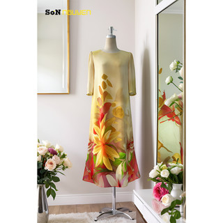 SONNGUYEN Đầm suông giấu bụng tay lỡ Đầm trung niên cho Mẹ 36906 (Dài 115cm)