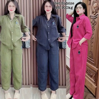  Set Bộ Đồ Bigsize Dài Tay Lửng Vải Sọc Hot Trend 2025 Form Rộng Thêu Gấu Che Giấu Bụng Hot Hit Cổ Sơ Mi Nữ Bigsize 40-95 