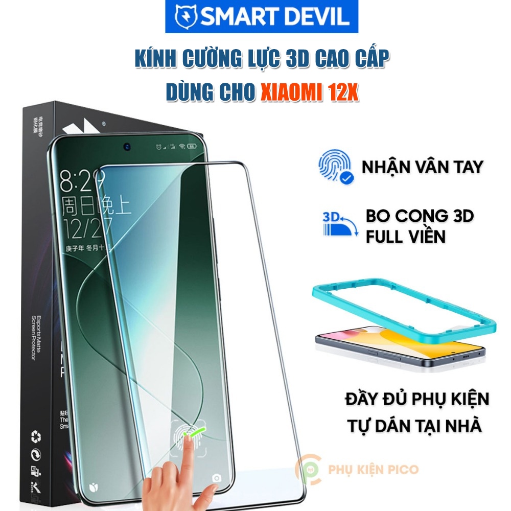 Kính cường lực dùng cho Xiaomi 12X full màn hình viền đen 3D nhận vân tay Smart Devil có khung hỗ tr