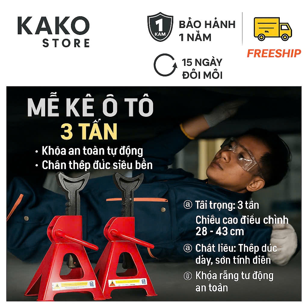 Mễ kê xe ô tô 3 tấn Jack Stand, chân kê chữ A an toàn chất lượng cho garage ô tô, Kako