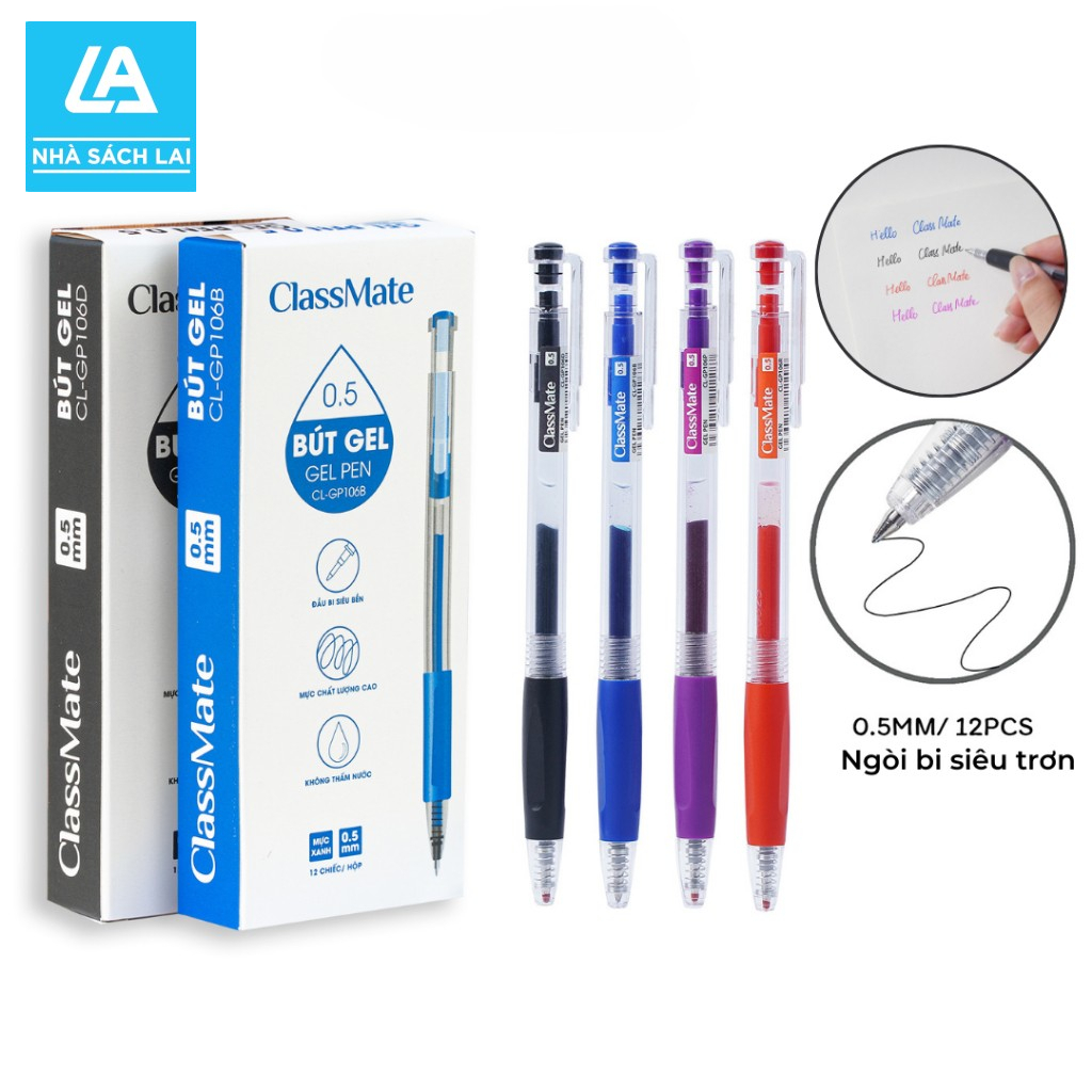 Hộp 12 Bút Gel Bấm CL-GP106 CLASSMATE - Viết Gel Mực Nước Ngòi 0.5mm 4 Màu Xanh, Đen, Đỏ, Tím