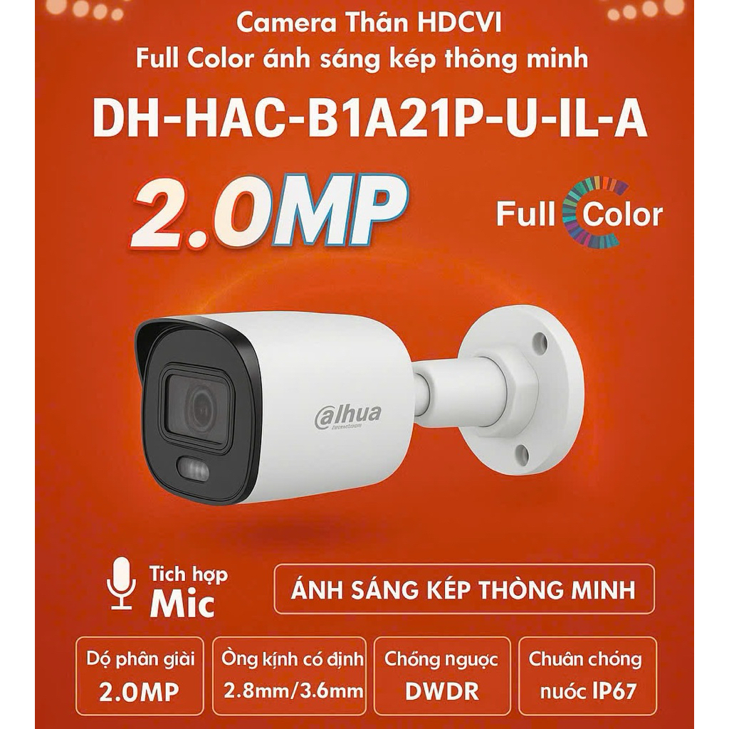 Camera Dahua full HD 2mp HAC-B1A21P-U-IL-A màu mic