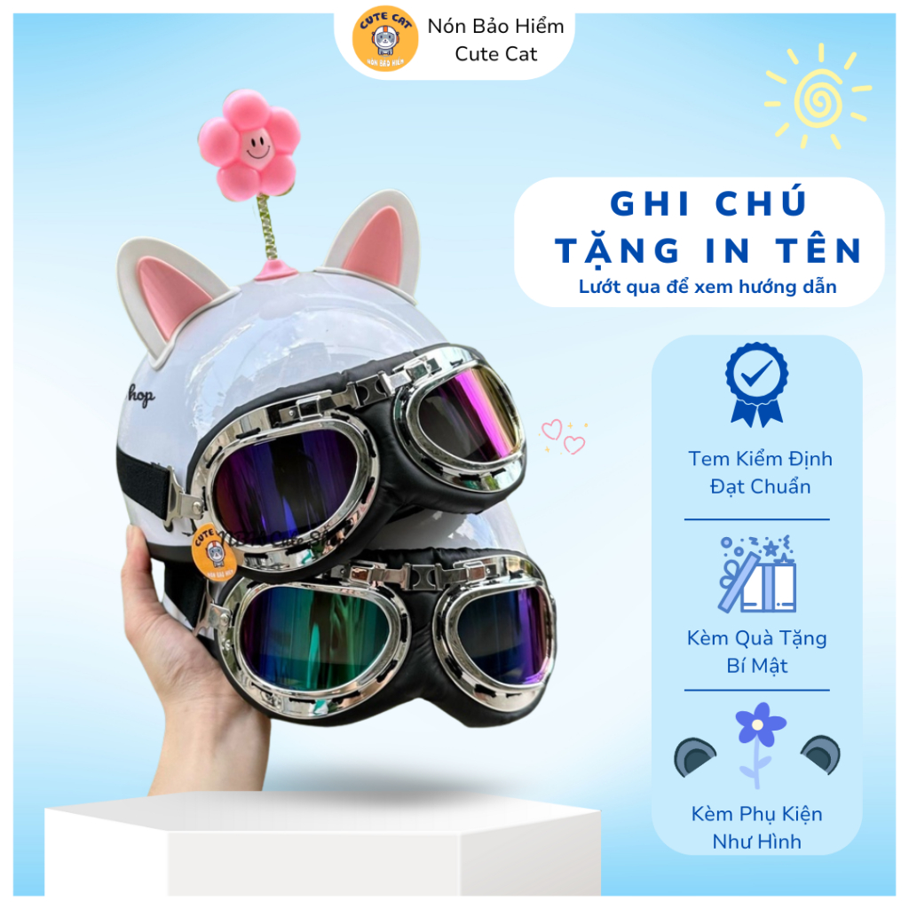 [TẶNG IN TÊN] Nón Bảo Hiểm Nửa Đầu Kính Phi Công Kèm Phụ Kiện Tai Mèo 2 Màu Và Bông Hoa Gắn Mũ Bảo Hiểm Dễ Thương CUTE