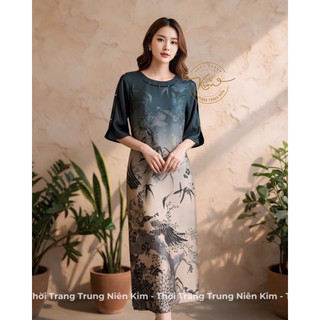 Đầm lụa vân gấm trung niên đính hạt pha lê sang trọng phù hợp đi chơi dự tiệc dạo phố