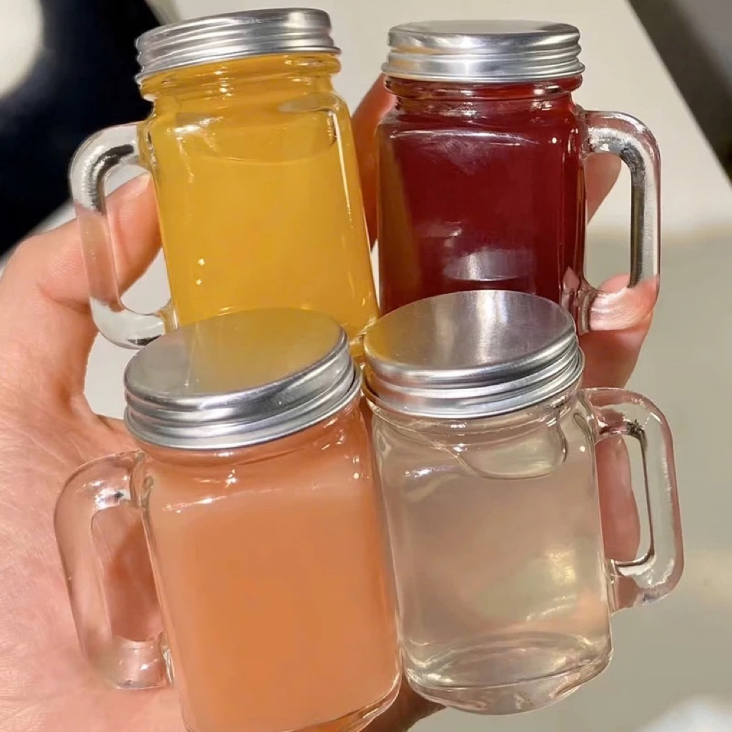 (COMBO 5) Ly thuỷ tinh có quai mini 40ml đựng sinh tố, nước ép, ginger shot có nắp đậy