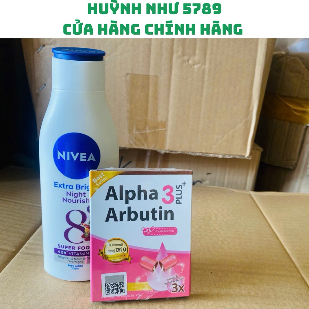 [CHÍNH HÃNG]ComboSữa dưỡng thể trắng da ban đêm Nivea 200ml+kích trắng alpha arbutine vĩ 10 viên