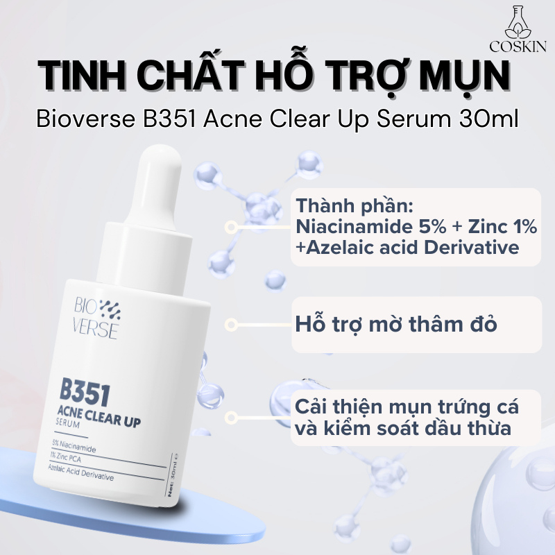 Tinh Chất Niacinamide 5% + Zinc 1% Hỗ Trợ Mụn Bioverse B351 Acne Clear Up Serum 30ml