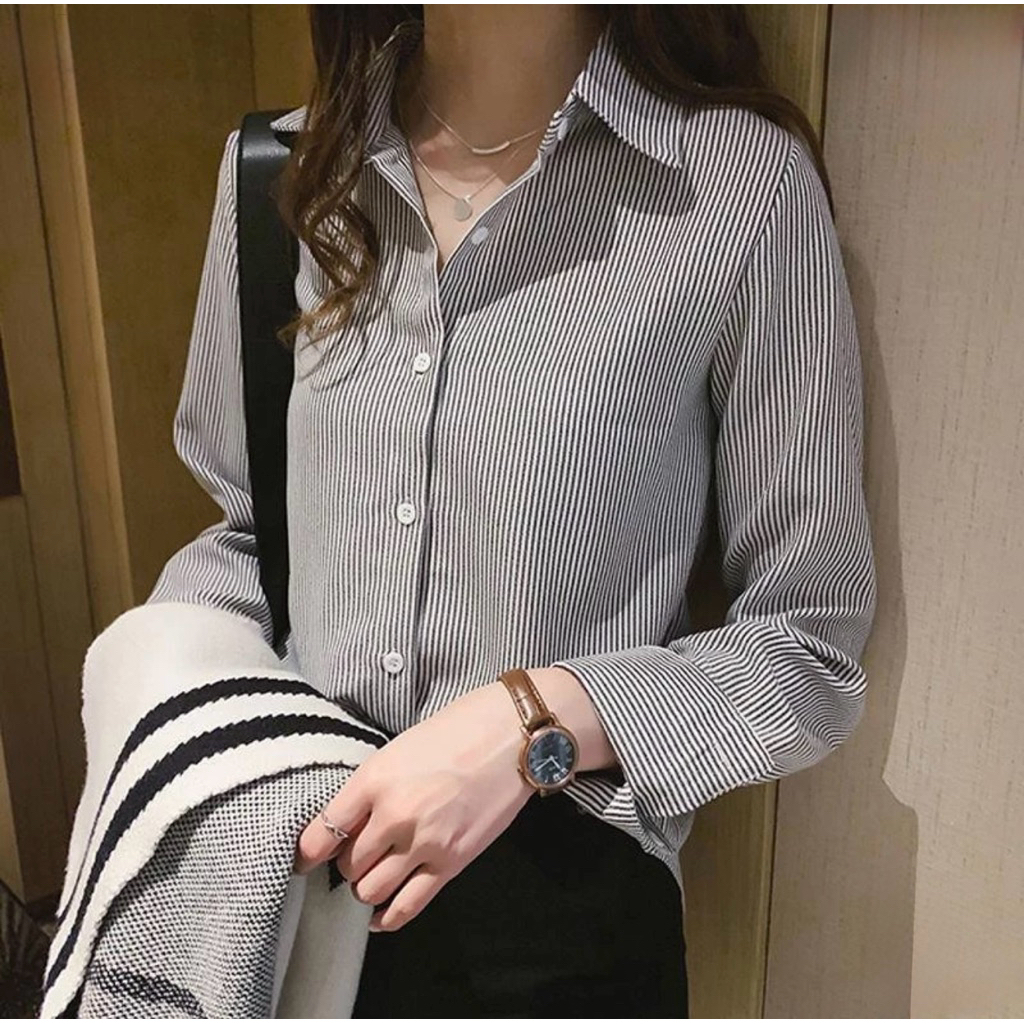 Áo sơ mi kẻ sọc màu xanh đen của Hàn Quốc - 2 Hand (Size XL)-Korean Blue Black Striped Shirt - 2 Han