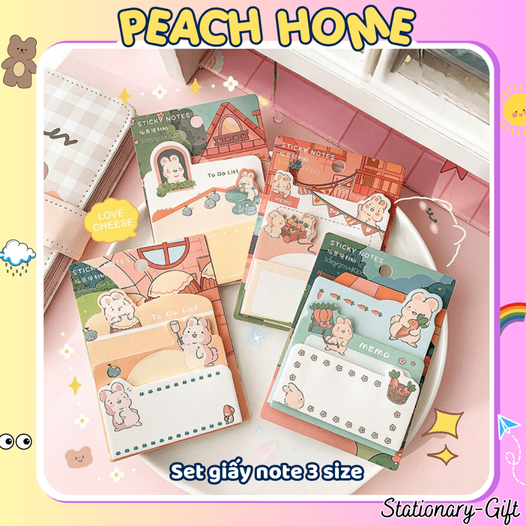 Set Giấy Note 3 Kiểu Simple Life 90 tờ Cute Decor Sổ Vở Tập Giấy Ghi Chú Nhớ Có Keo Peach Home 1k